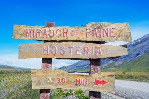 Signpost, Torres del Paine National Park, Patagonia, Chile, South America Signpost, Torres del Paine National Park, Patagonia, Chile, South America